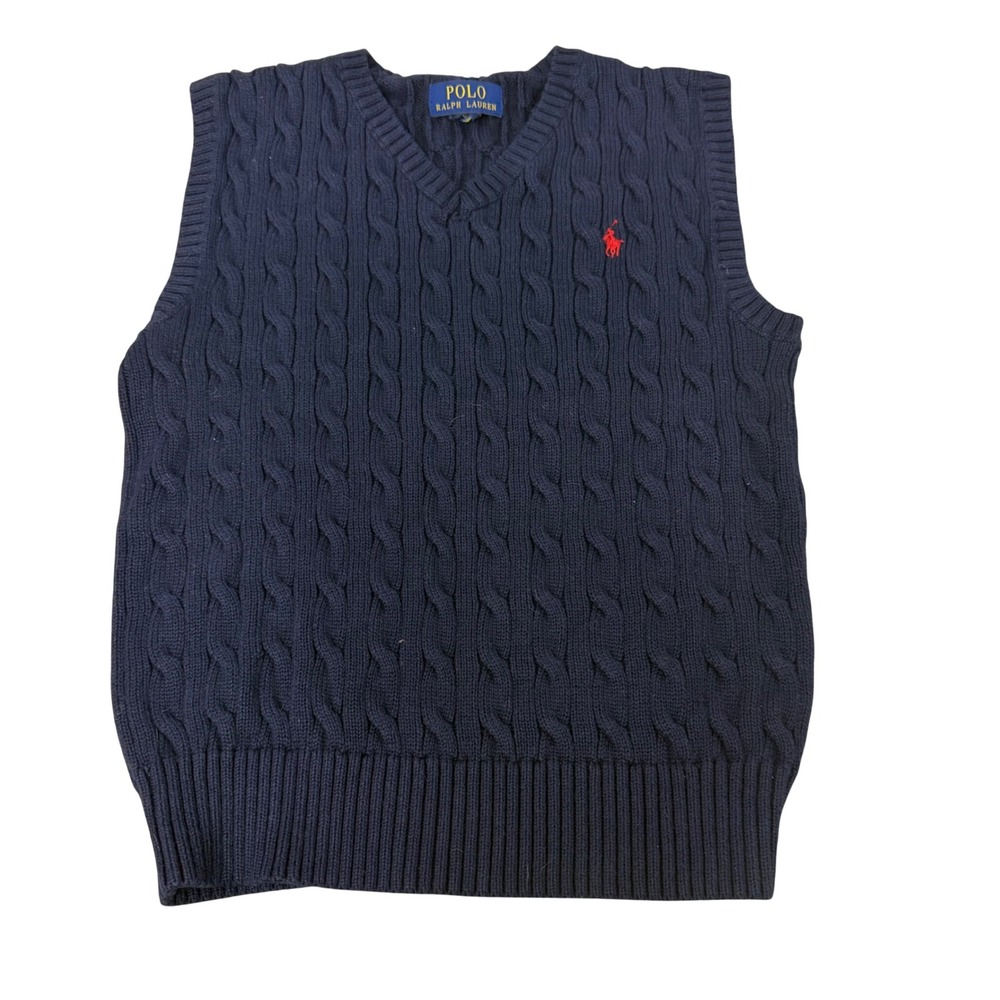 Polo Ralph Lauren Kids Navy Blue Cable Knit Cotton V-Neck Sweater Vest 323631026
